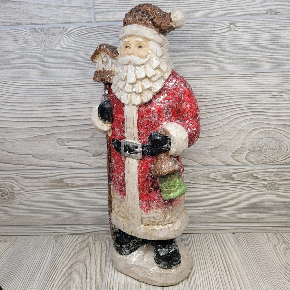 Valerie Parr Hill Rustic Standing Santa‎ Holding Birdhouse Pinecone Hat Glitter